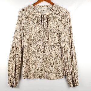 Reset By Jane Womens Blouse Ivory Brown Geometric Long Sleeve Bishop Tie Neck M